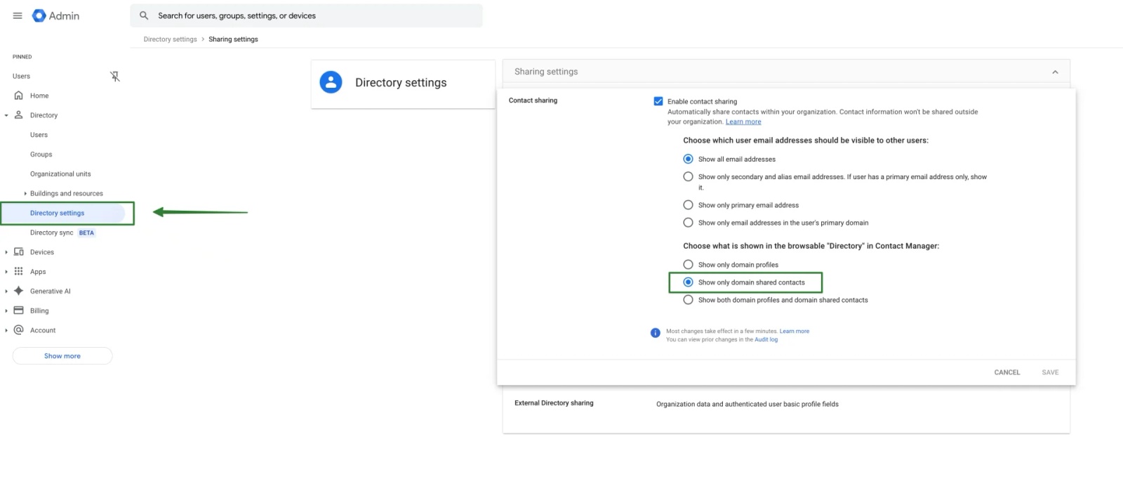 Google Admin Console window with Directory settings open, highlighting the option to "Show only domain shared contacts" under contact sharing settings for Workspace user visibility.