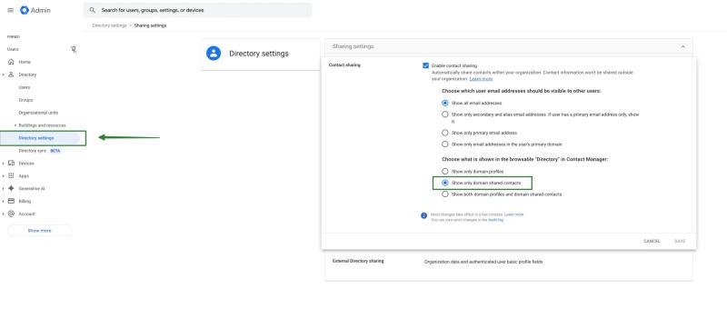 Google Admin Console window with Directory settings open, highlighting the option to "Show only domain shared contacts" under contact sharing settings for Workspace user visibility.