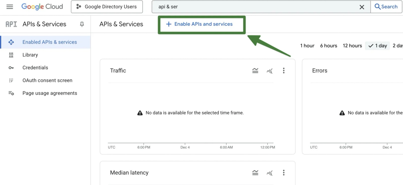APIs and Services dashboard with the Enable APIs and Services button highlighted for adding new Google APIs.