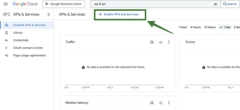 APIs and Services dashboard with the Enable APIs and Services button highlighted for adding new Google APIs.