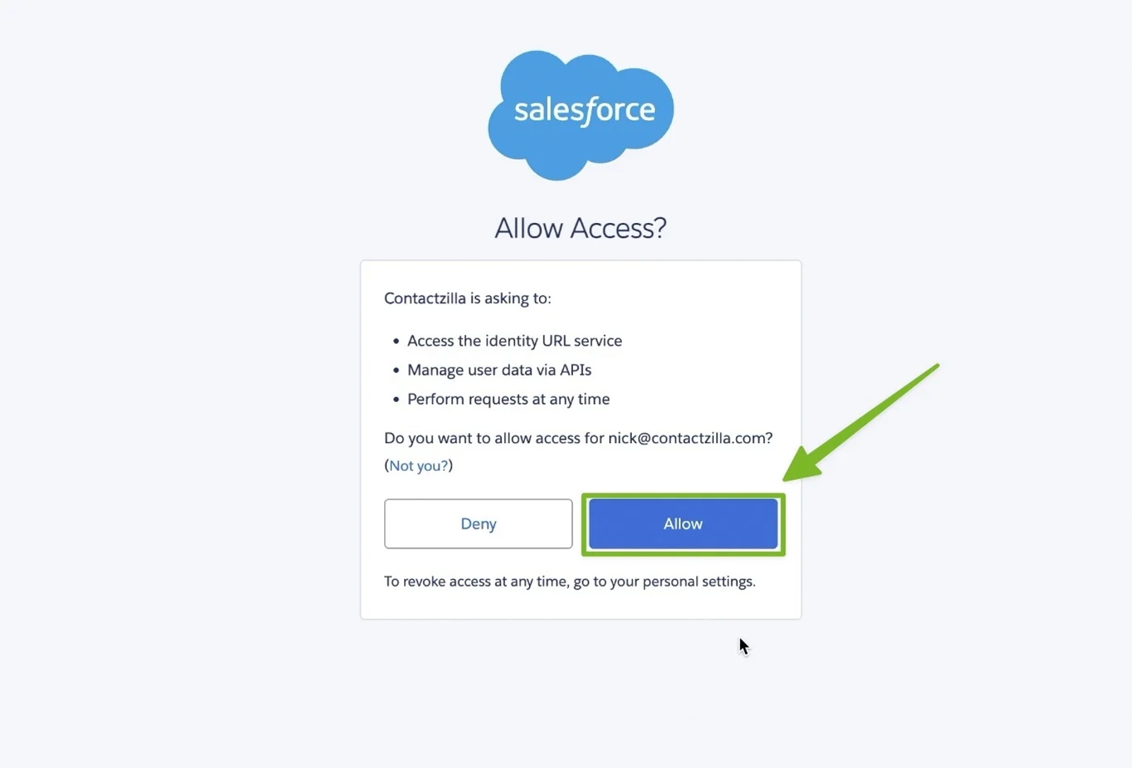 Salesforce OAuth permission screen allowing access to Contactzilla.