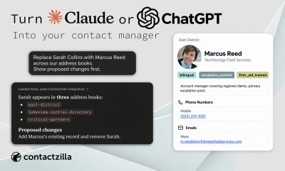 Banner reading "Turn Claude or ChatGPT into your contact manager", beside a sample Contactzilla contact card for Marcus Reed showing his role, labels, phone number and email in the East District address book.