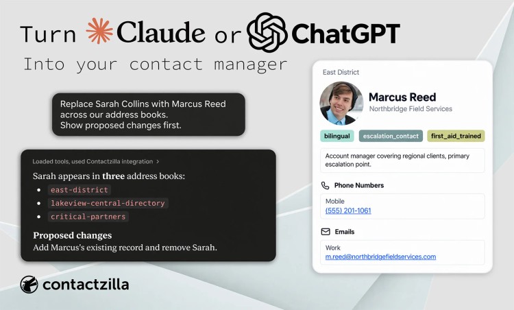 Banner reading "Turn Claude or ChatGPT into your contact manager", beside a sample Contactzilla contact card for Marcus Reed showing his role, labels, phone number and email in the East District address book.