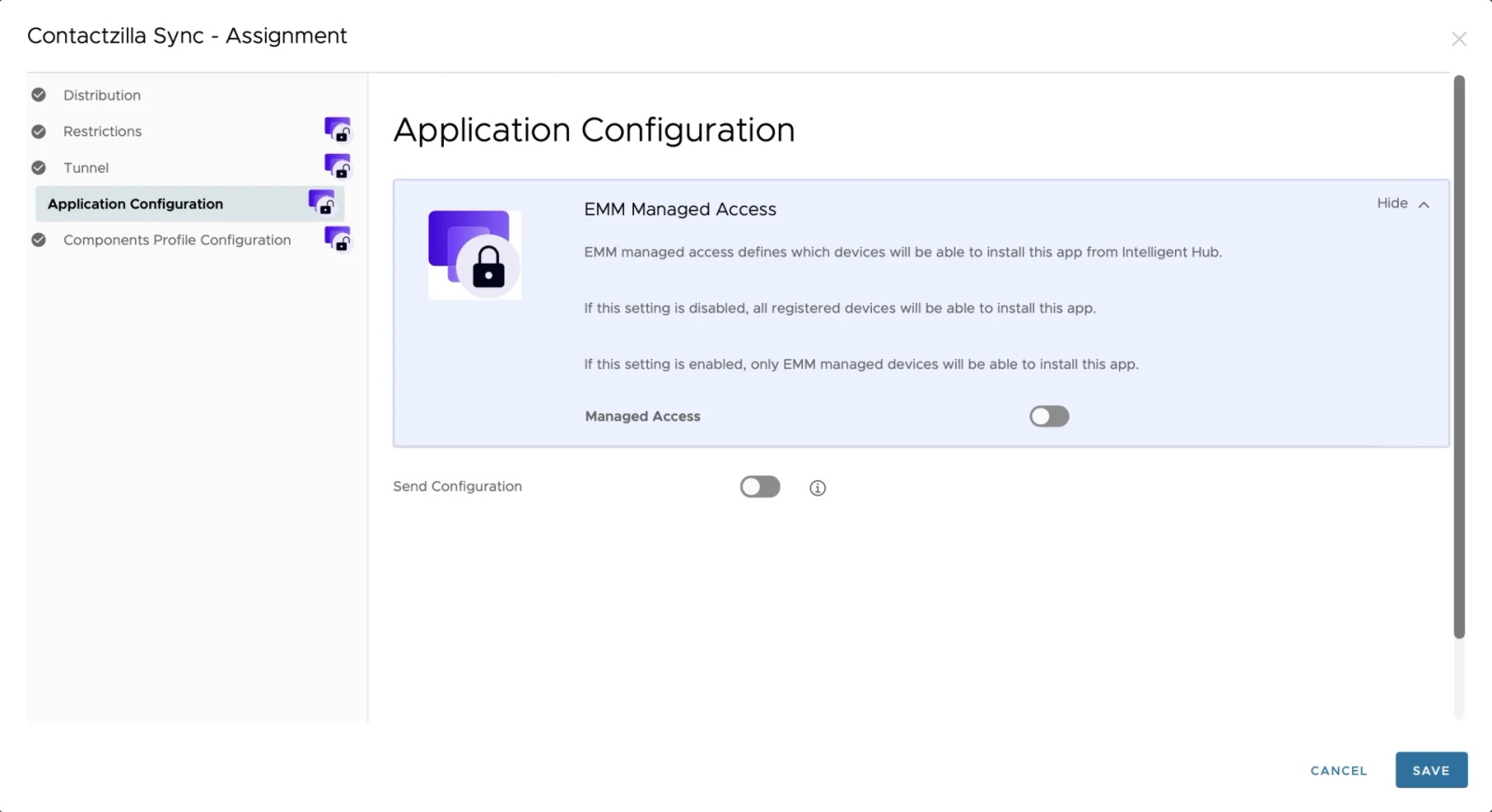 Workspace ONE Application Configuration screen with Contactzilla Sync configuration disabled prior to setup.