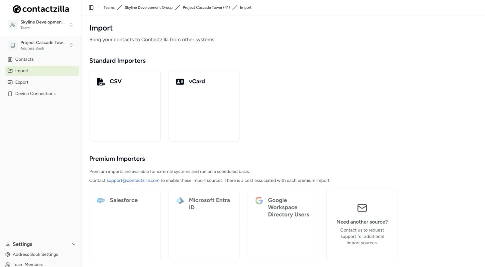 Contactzilla contact import options showing CSV, vCard, Salesforce, Microsoft Entra ID, and Google Workspace Directory integrations for MaaS360 deployment