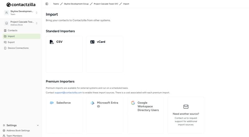 Contactzilla contact import options showing CSV, vCard, Salesforce, Microsoft Entra ID, and Google Workspace Directory integrations for MaaS360 deployment
