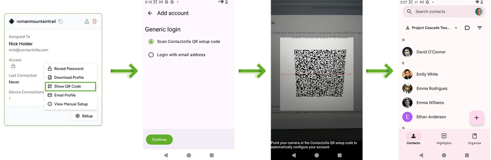 Four Android steps: Setup then Show QR Code in Contactzilla, Contactzilla Sync Add account with Scan Contactzilla QR setup code, scanning the code, and the contacts in the Android Contacts app.