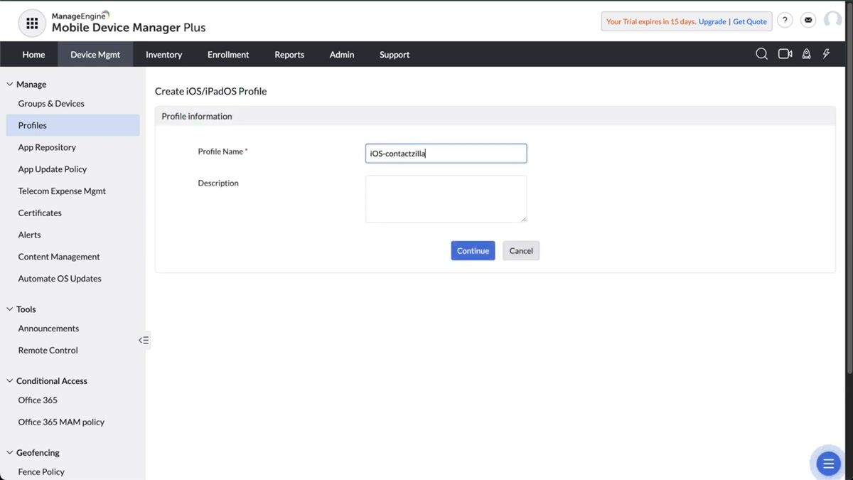 ManageEngine profile configuration screen showing the Custom Configuration section with the Contactzilla mobileconfig file uploaded