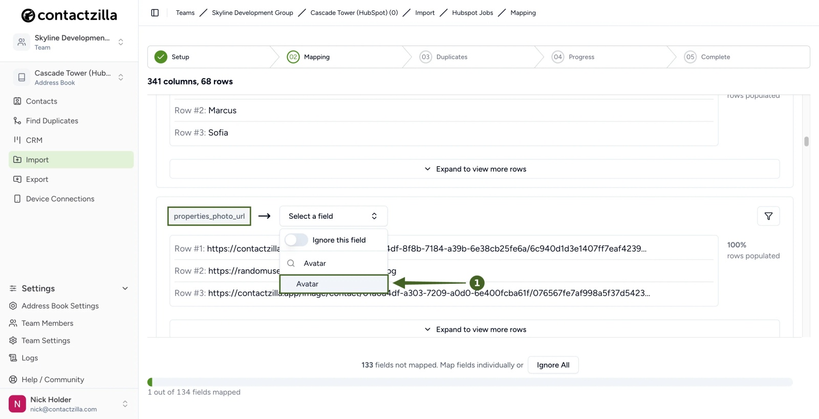 Contactzilla mapping the HubSpot Photo URL column to the Avatar field, with Avatar highlighted in the field search