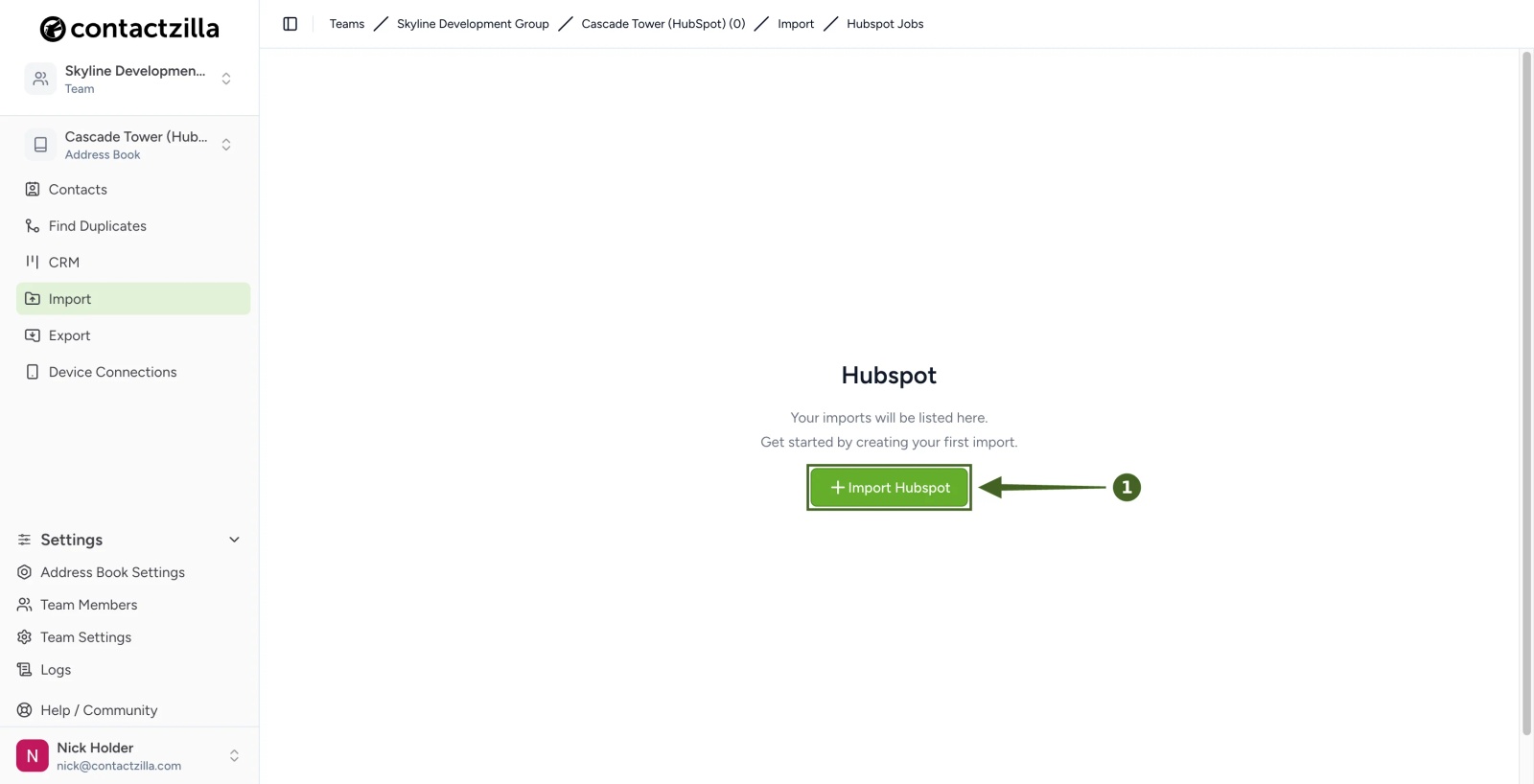 Empty Hubspot jobs page in Contactzilla with the Import Hubspot button highlighted