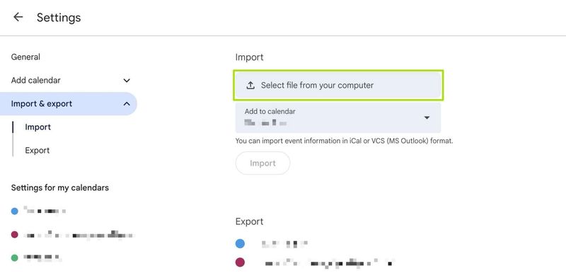 Selecting the .ics file from within Google Calendar in order to transfer the calendar from icloud.