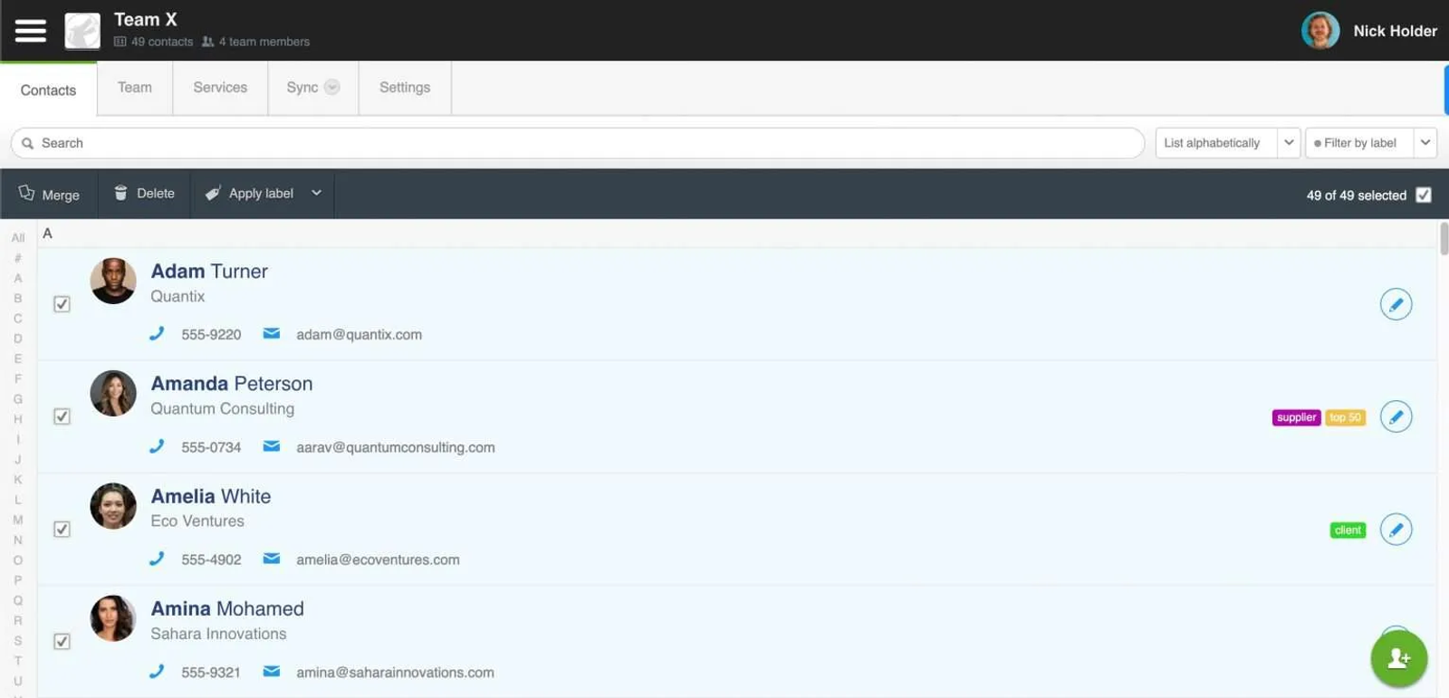 A screen shot of Contactzilla contact database software.