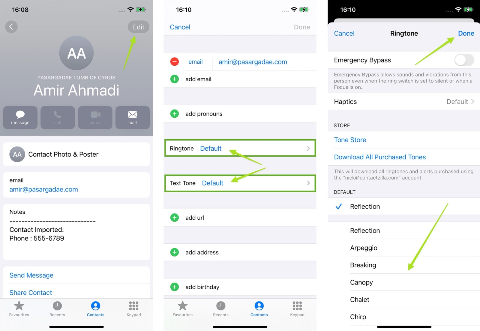 Assigning a specific ringtone to a contact.