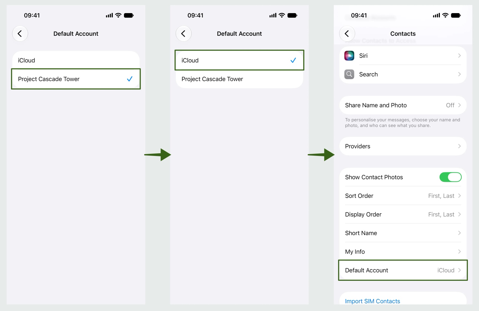 iPhone Default Account picker with the read-only Project Cascade Tower book ticked, then iCloud ticked, then Settings showing iCloud