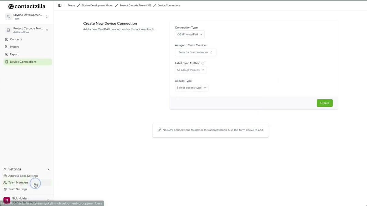 Contactzilla dashboard showing the Team Members section with the option to add an MDM user