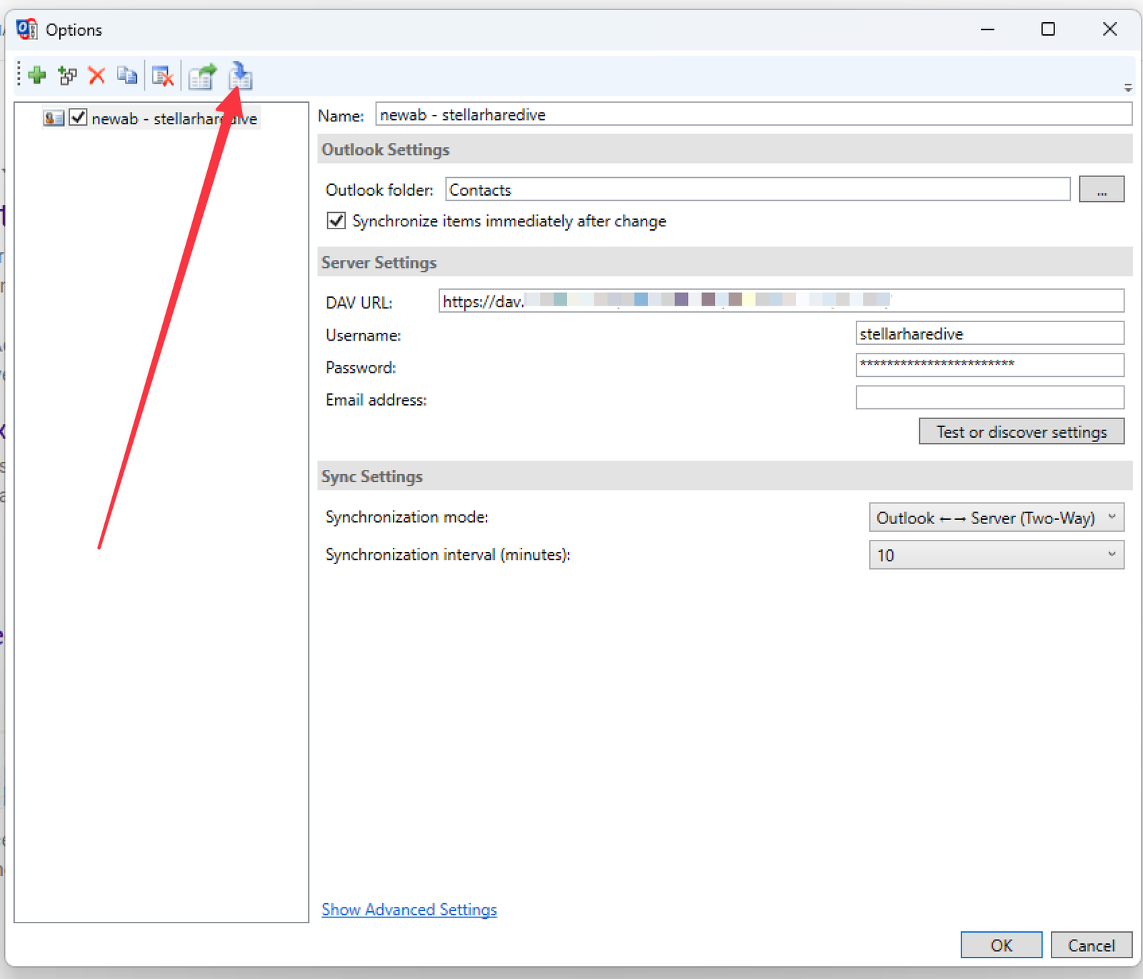 Importing the connection details into CalDAV Synchornizer.
