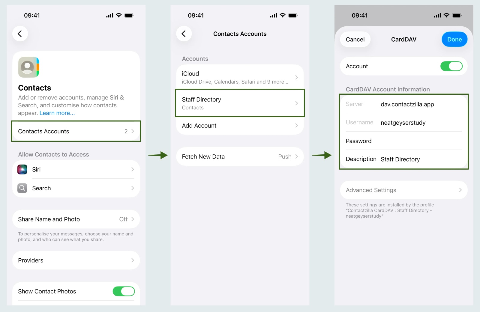 iPhone Settings path to the Staff Directory CardDAV account: Contacts Accounts, the Staff Directory account, then server dav.contactzilla.app.
