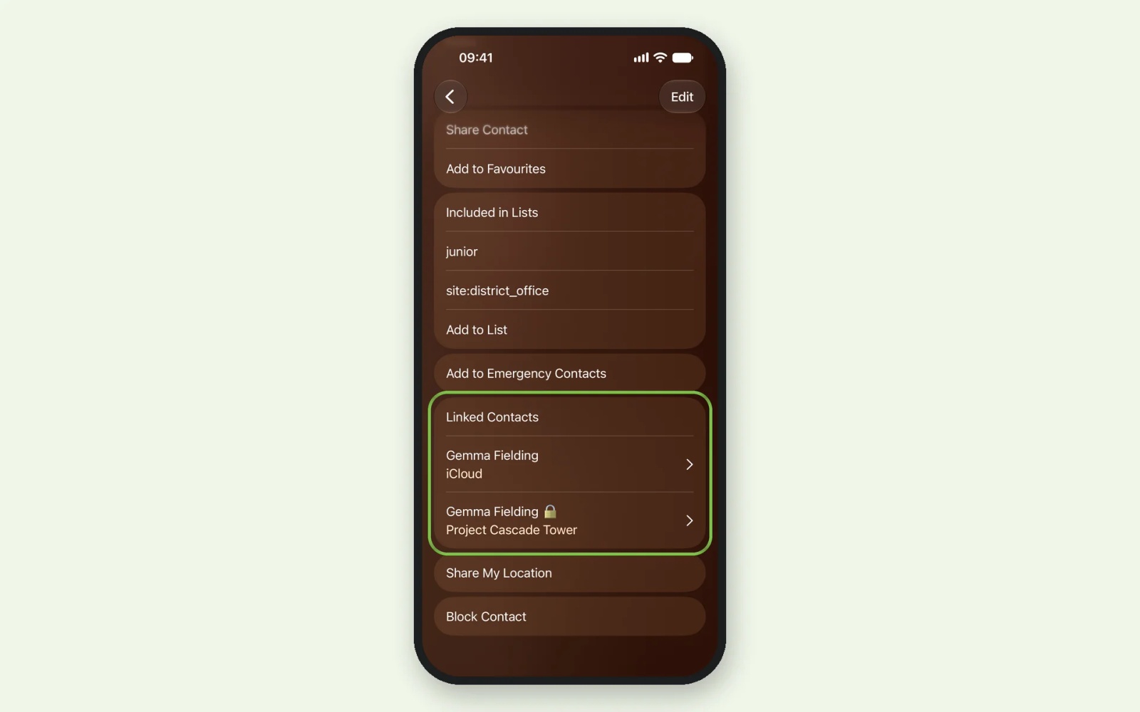 iPhone contact page in dark mode with the Linked Contacts section boxed in green, listing Gemma Fielding once in iCloud and once, with a lock icon, in the Project Cascade Tower company address book.