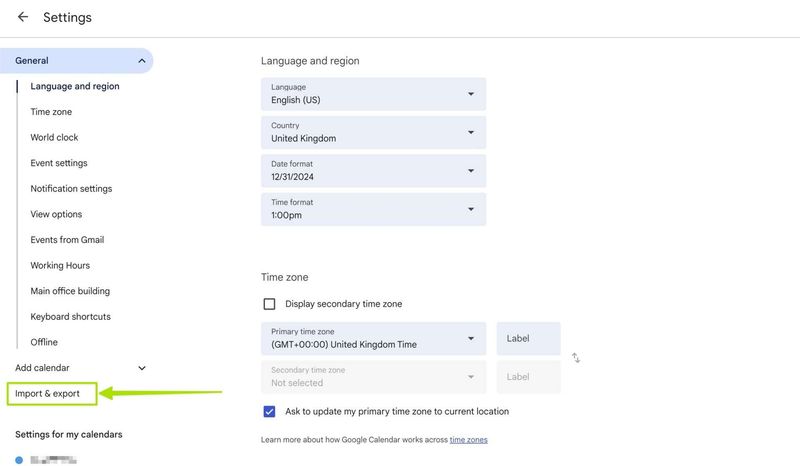 Accessing the import and export menu from within Google Calendar in order to import the .ics file.