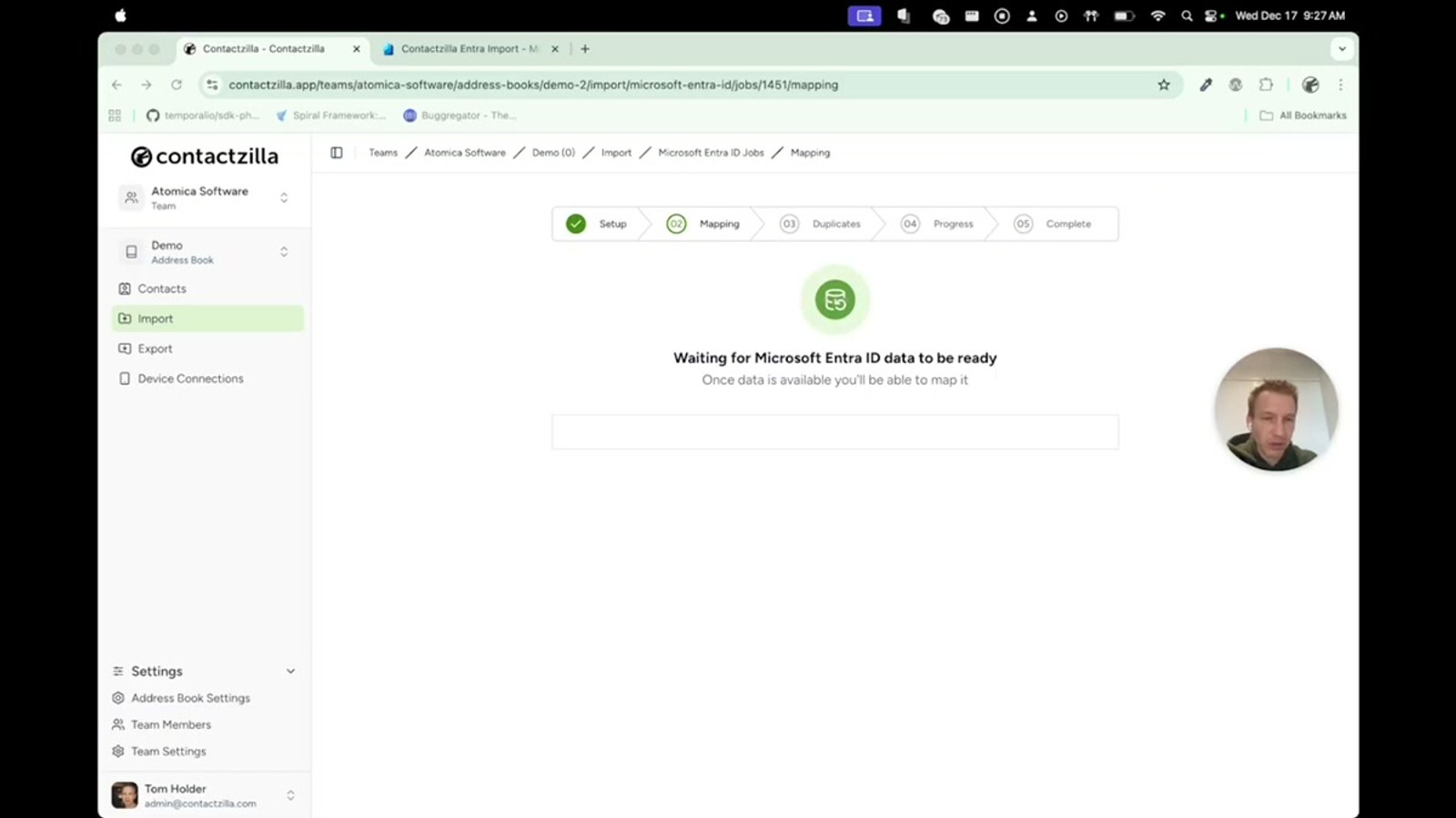 Contactzilla import configuration screen showing Tenant ID field, manual sync option, and Sync now on update checkbox