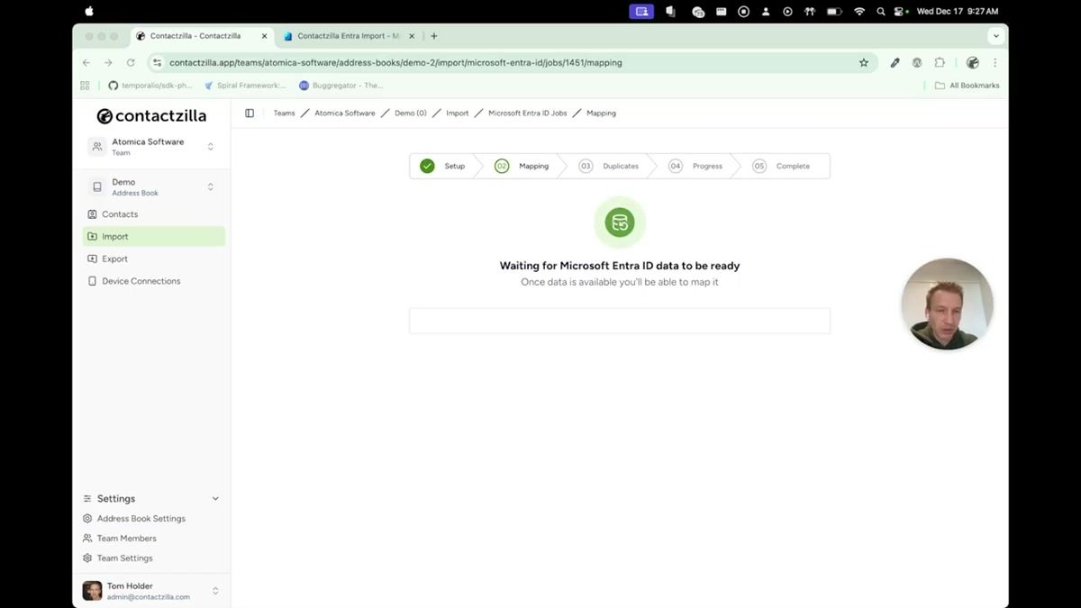 Contactzilla import configuration screen showing Tenant ID field, manual sync option, and Sync now on update checkbox