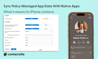 Intune native app sync setting shown beside an iPhone contact example for Outlook contacts and caller ID.
