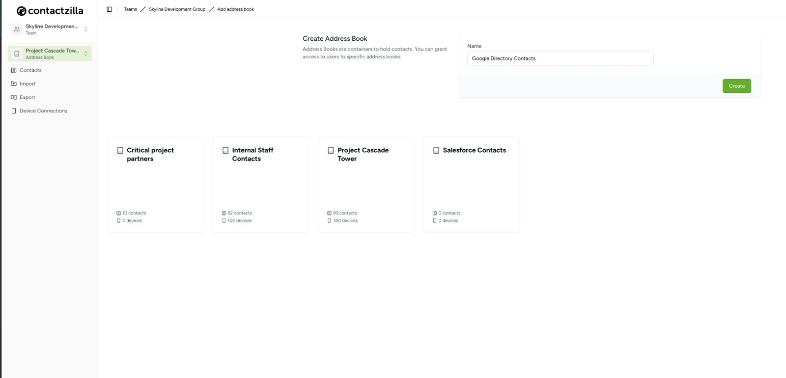 Create a Contactzilla address book to hold Google Workspace Directory shared contacts before syncing to devices.