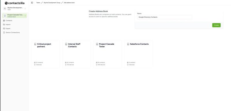 Create a Contactzilla address book to hold Google Workspace Directory shared contacts before syncing to devices.