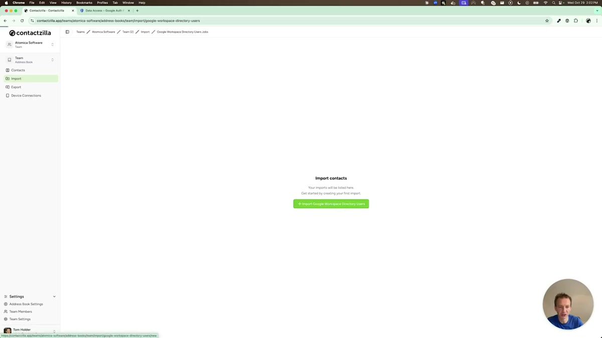 Contactzilla import configuration screen with Google Workspace Directory Users selected and sync options visible