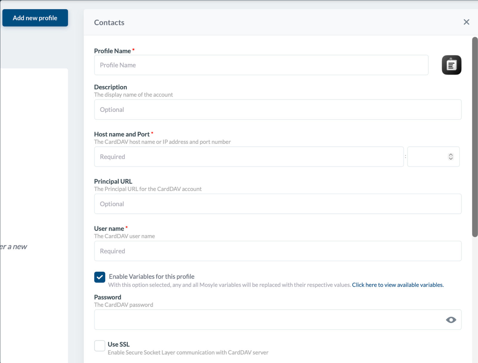 Mosyle CardDAV payload settings screen showing fields for hostname, port, principal URL, username, password and SSL.