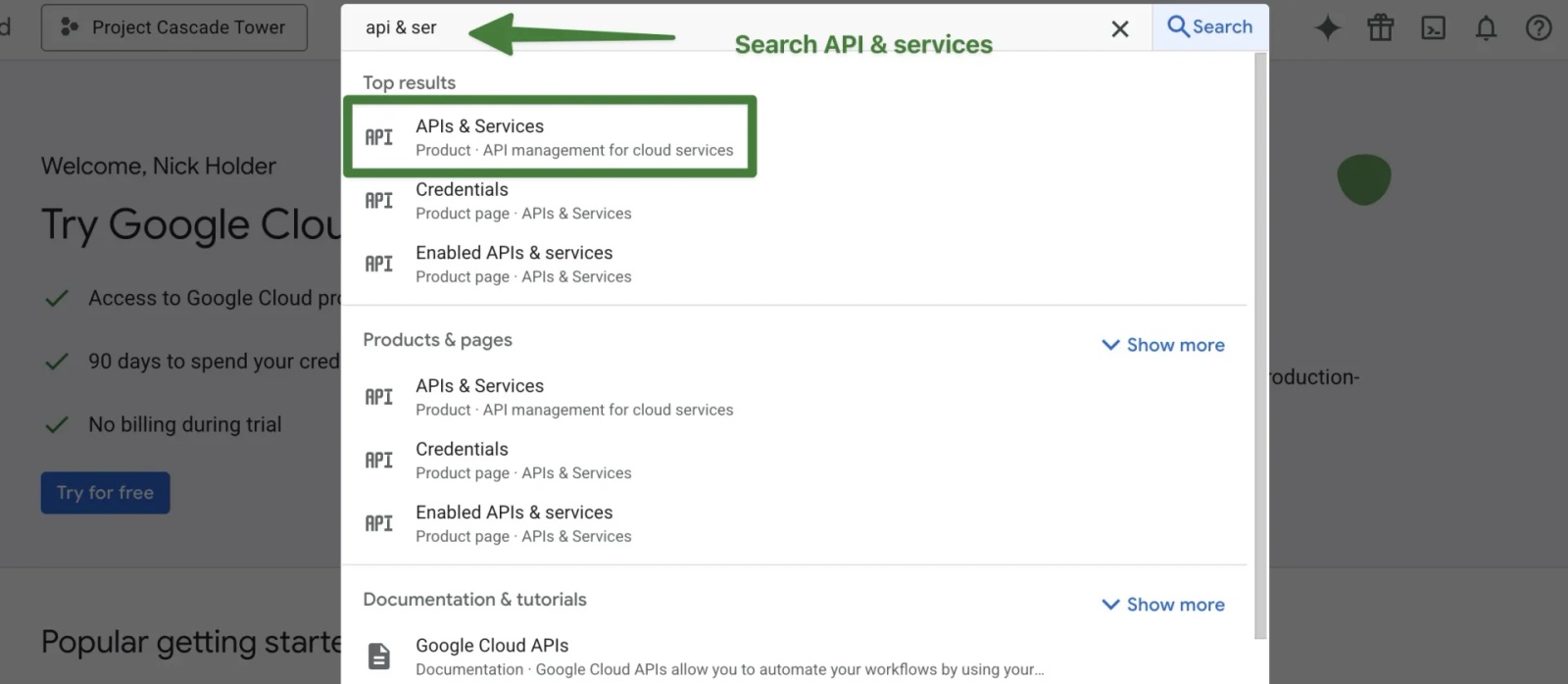 Google Cloud search bar with APIs and Services highlighted in the search results to access API configuration.