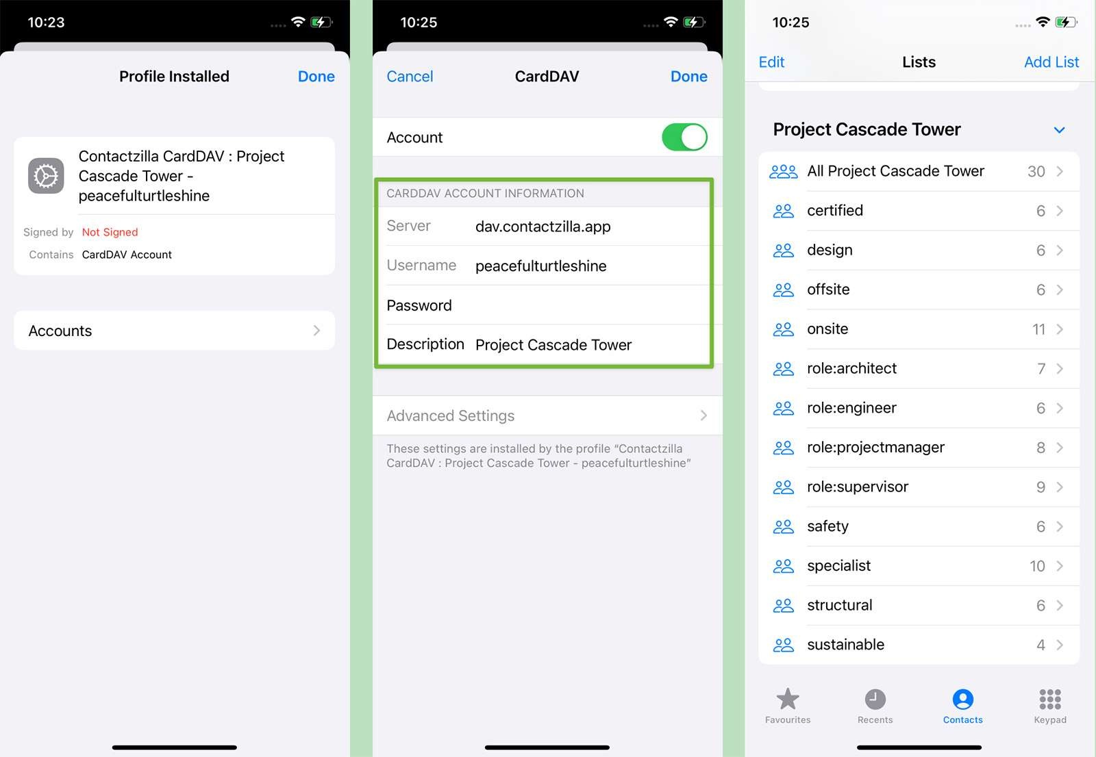 After installation all the contacts from your Contactzilla address book show up in the native contacts app.