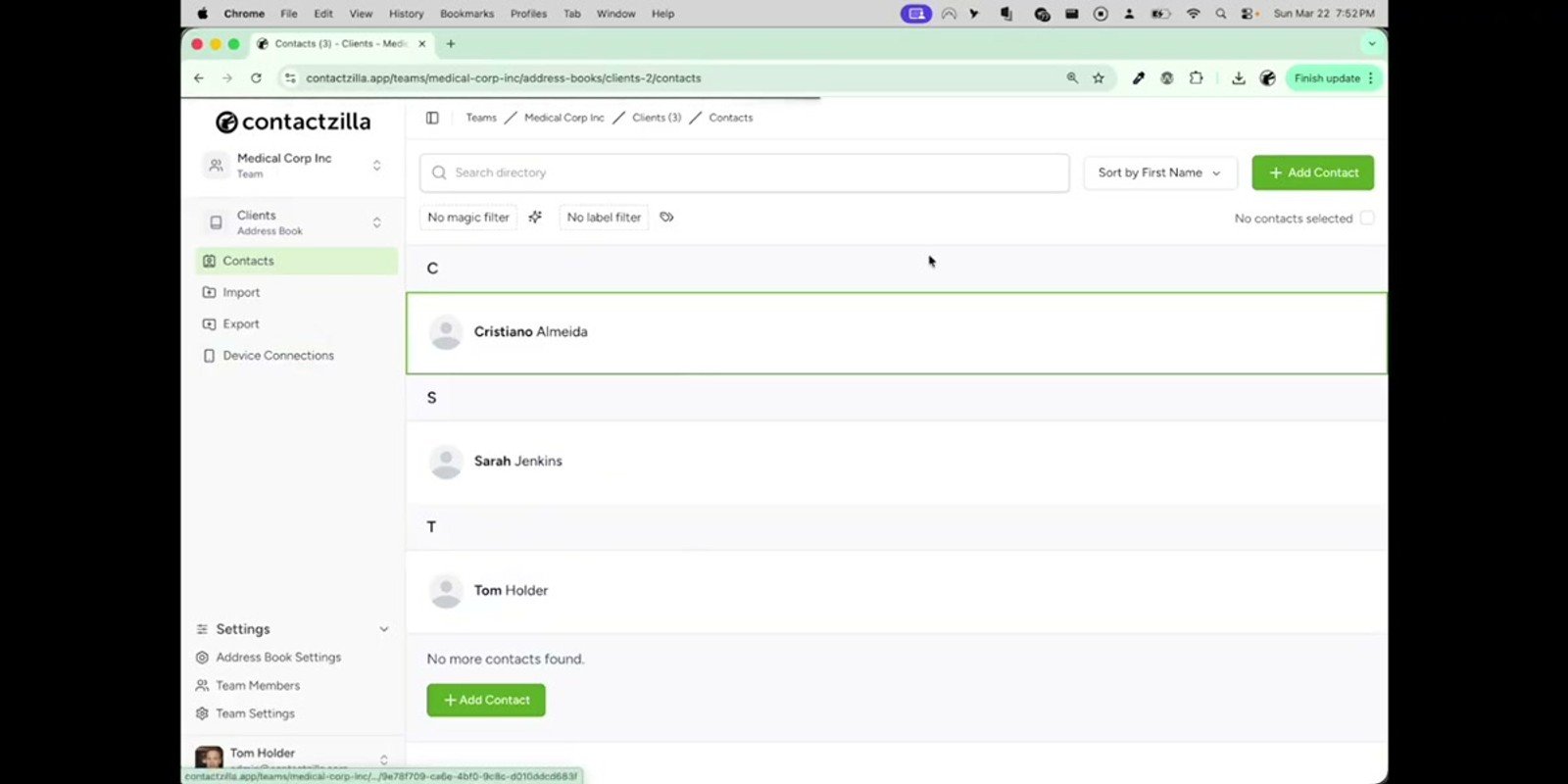 Contactzilla address book with Device Connections menu open