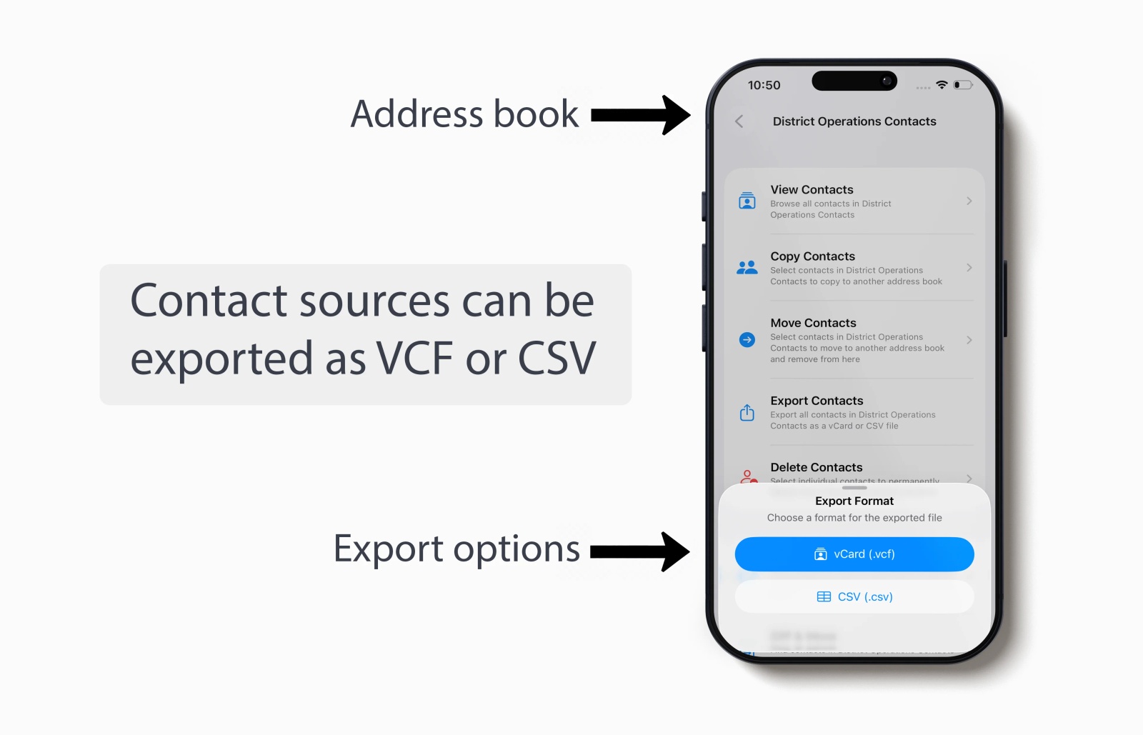 Contactzilla Migration Tools showing an iPhone address book with export options for vCard and CSV contact files.