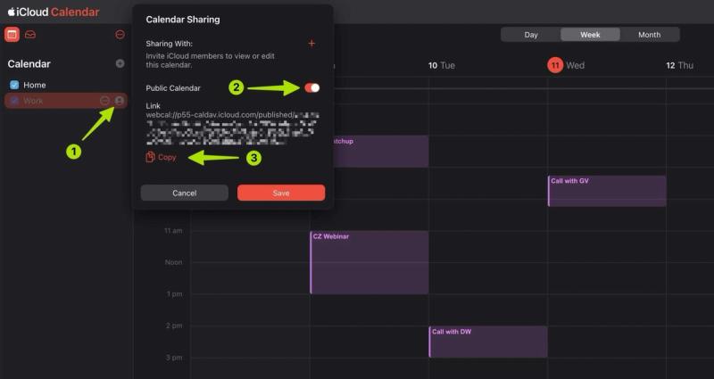 Sharing a calendar within iCal by selecting the calendar and maing it public and copying the calendar URL ready to be pasted into Google Calendar.