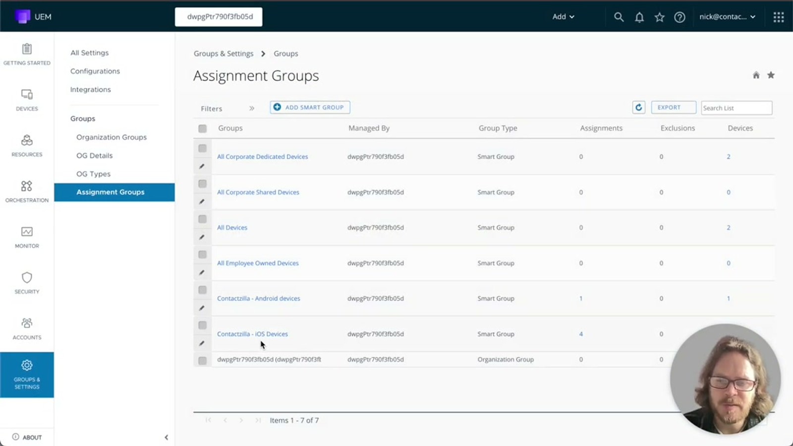 Workspace ONE UEM dashboard showing the iOS device group alongside the Contactzilla contact list