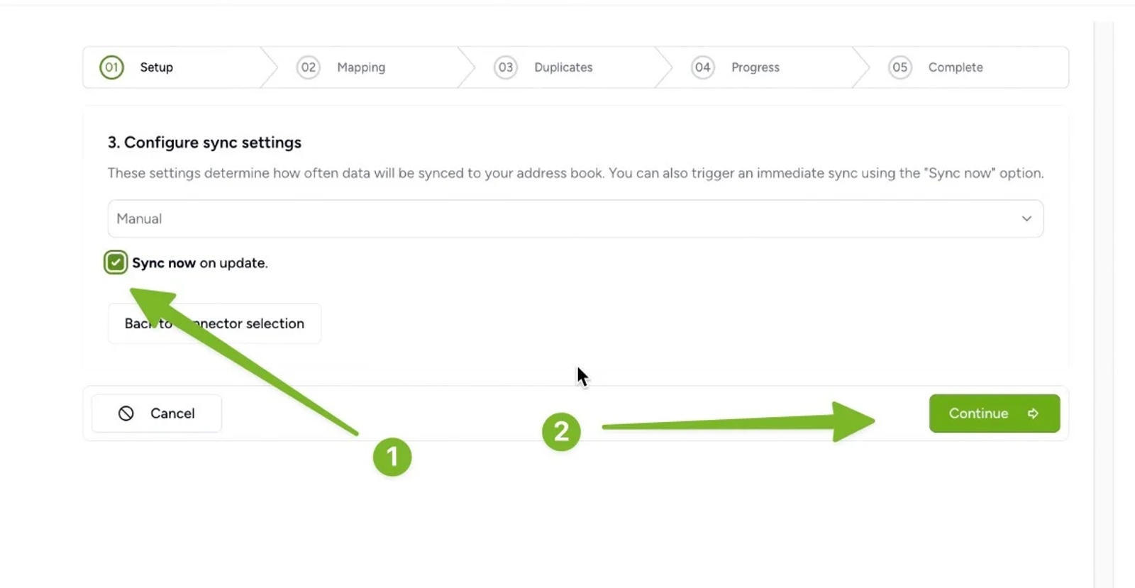 Sync now checkbox enabled in Contactzilla with button to continue setup.