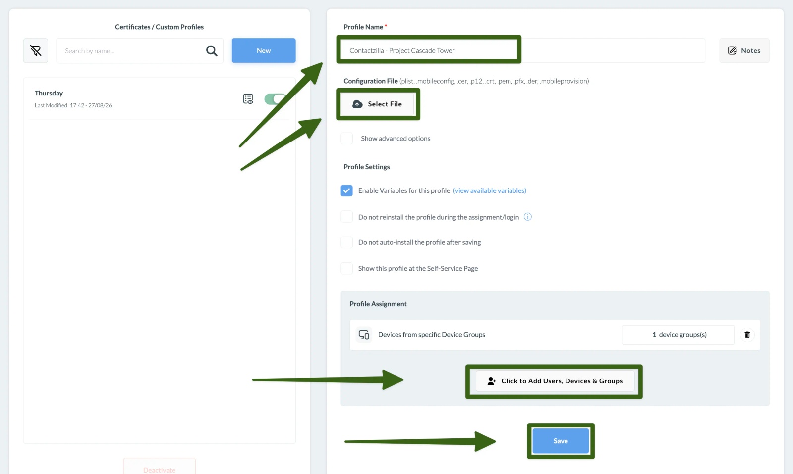 Mosyle custom profile form highlighting the Contactzilla profile name, Select File, device group assignment and Save button.