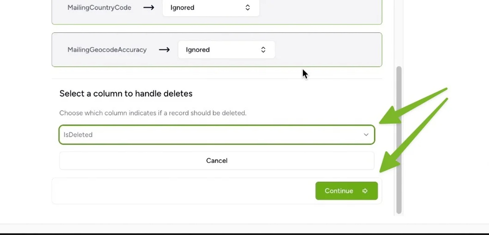 Selecting the “isDeleted” column in Contactzilla to enable delete handling from Salesforce.