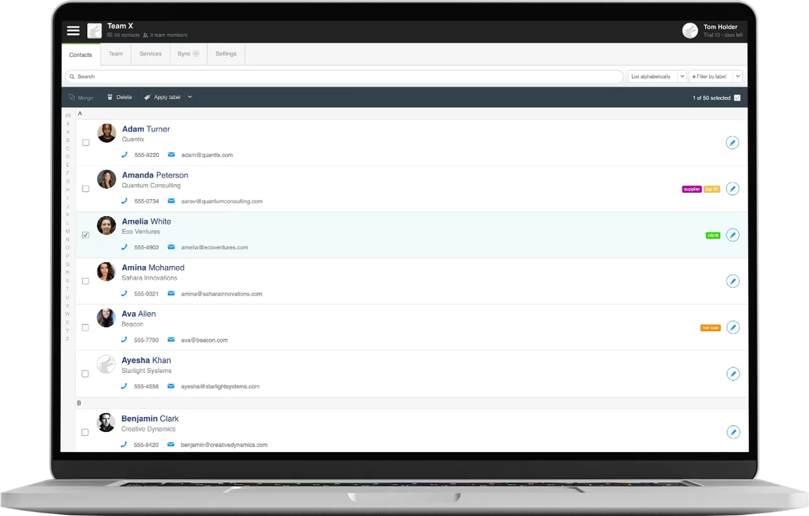 A screen shot of the Contactzilla interface on a laptop.