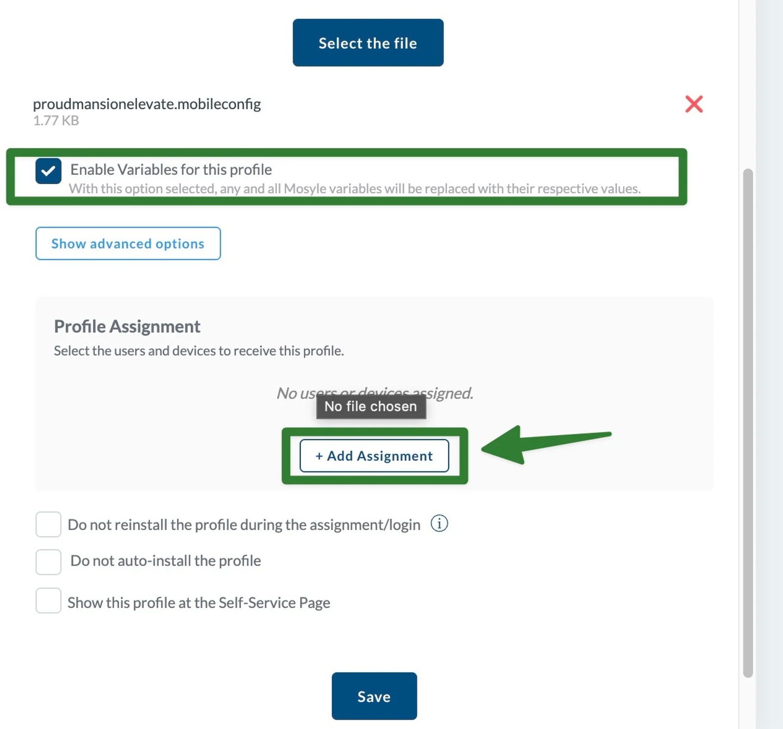 Add assignment to the Mosyle Contactzilla profile and enable variables for the mobileconfig file.
