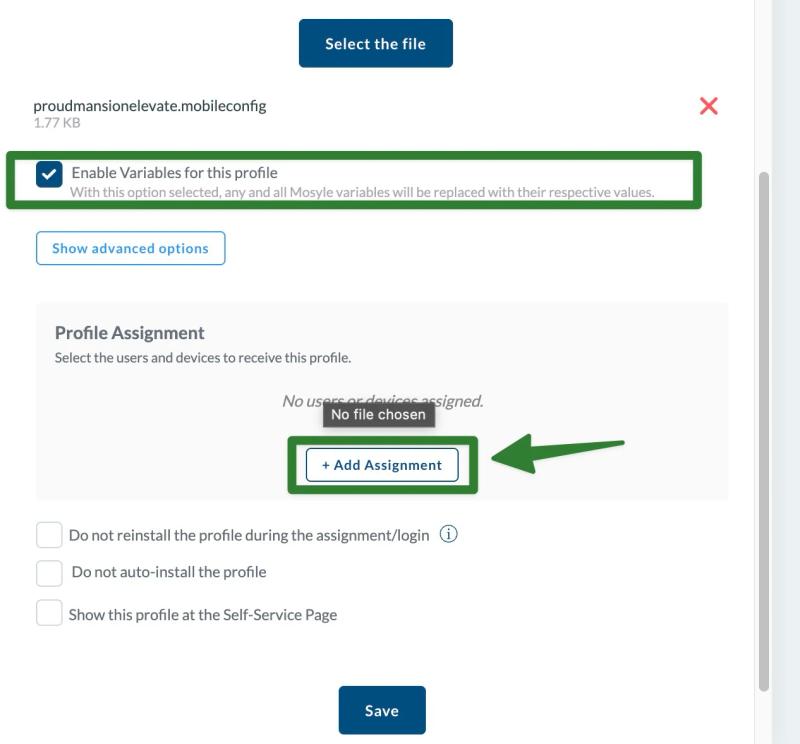 Add assignment to the Mosyle Contactzilla profile and enable variables for the mobileconfig file.