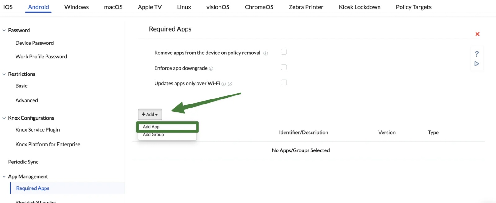 Hexnode Required Apps section showing the Add menu with Add App selected to include Contactzilla Sync in the Android policy.
