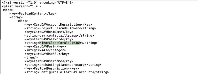 Example .mobileconfig file showing the CardDAVPassword field inside a Contactzilla provisioning profile