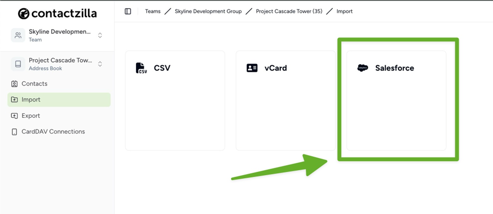 Contactzilla import options screen highlighting the Salesforce importer alongside CSV and vCard options