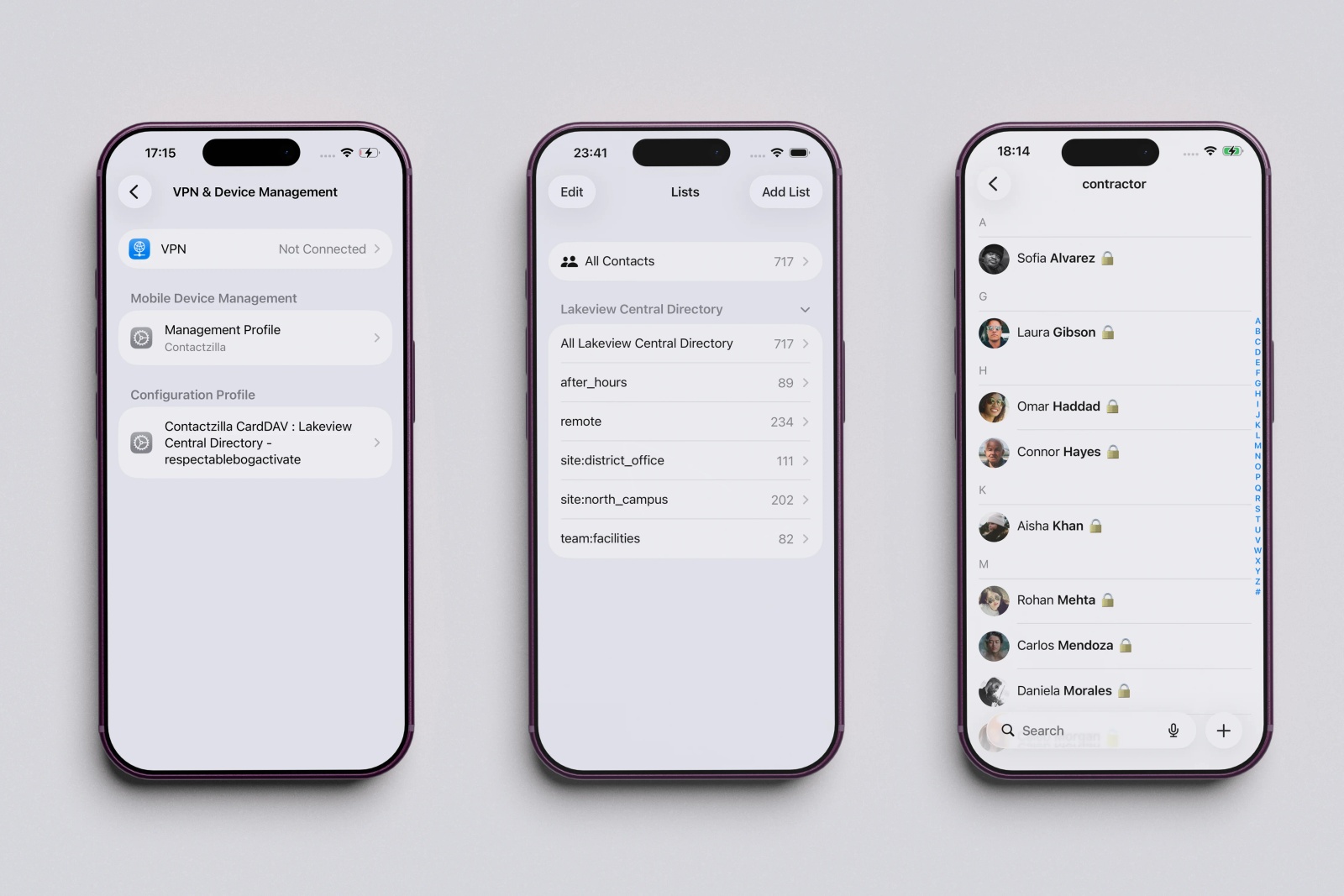 iPhone showing the Contactzilla CardDAV profile installed and contacts synced into the native Contacts app.