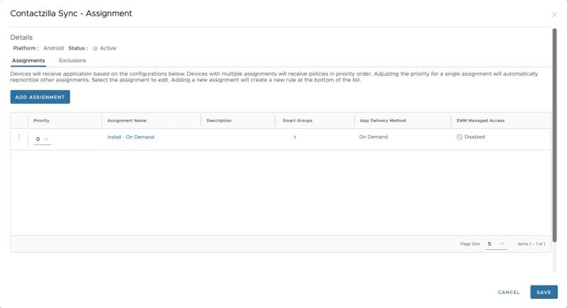 Workspace ONE assignment overview screen for the Contactzilla Sync Android app with install settings visible.