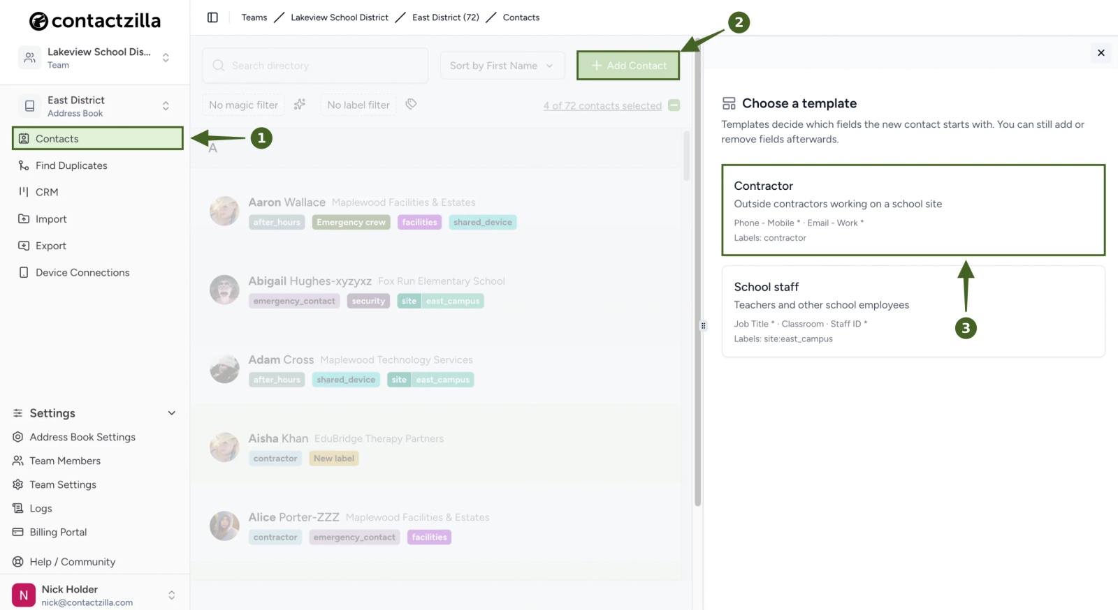 The Choose a template panel in Contactzilla after clicking Add Contact, listing the Contractor and School staff templates