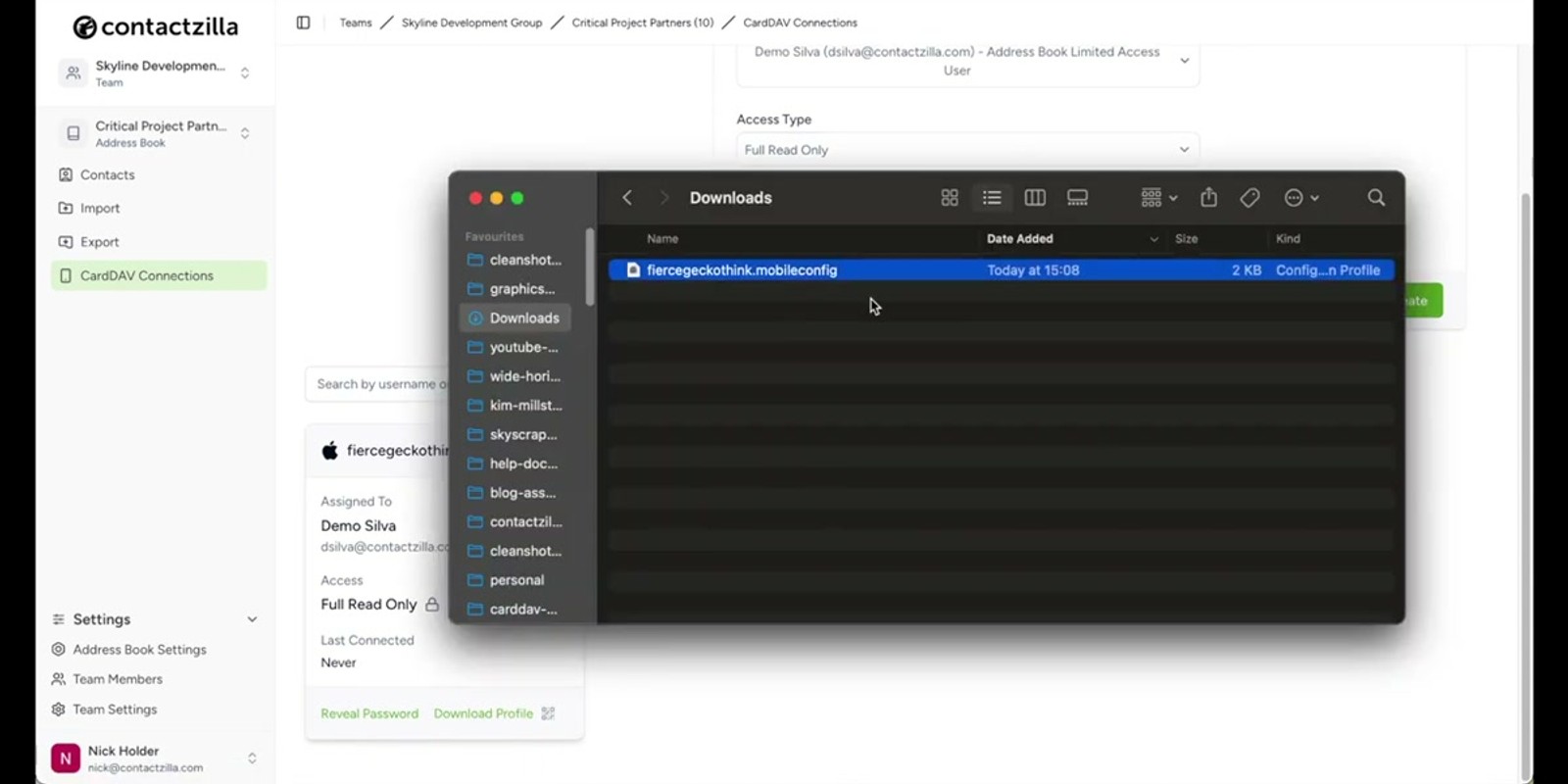 Contactzilla device connection creation screen showing platform selection and team member assignment