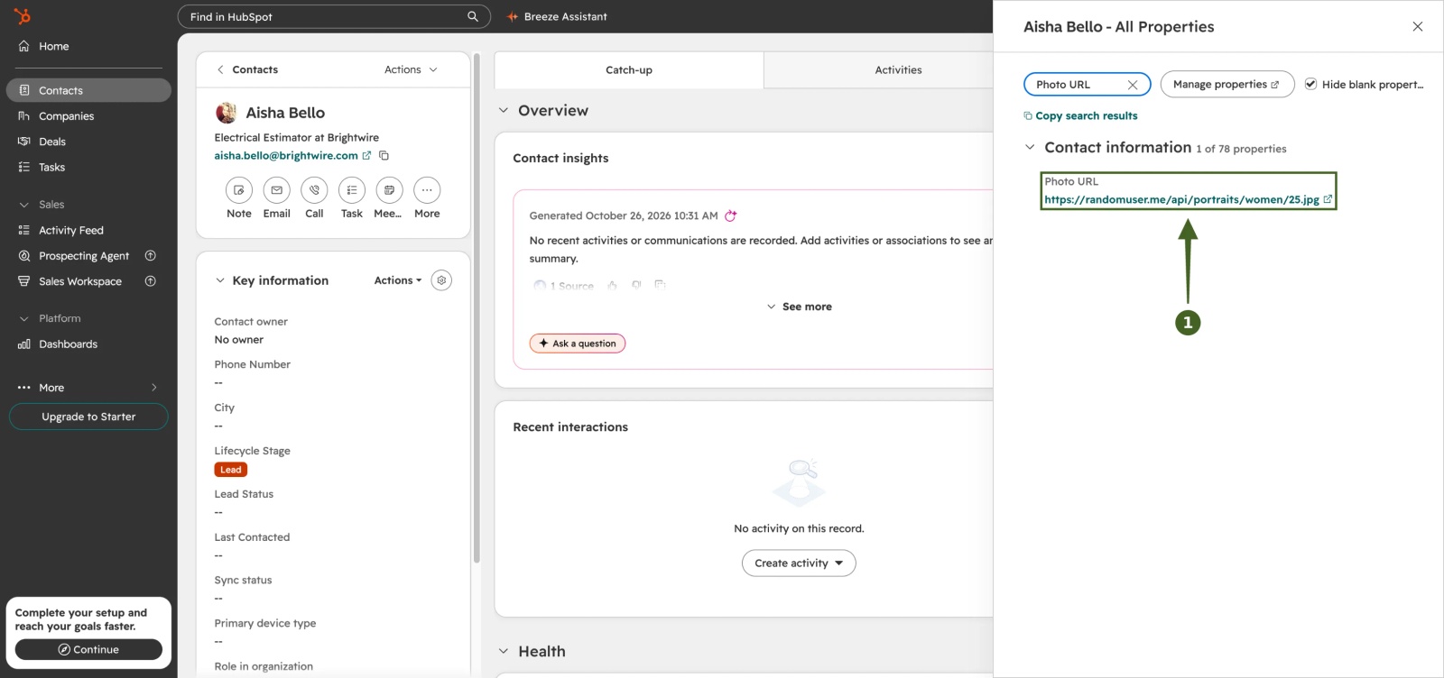 HubSpot contact record with the All Properties panel showing the Photo URL property holding a public headshot link